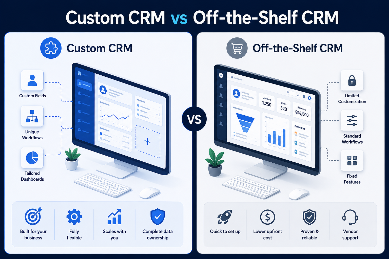 Side-by-side comparison of custom CRM and off-the-shelf CRM highlighting flexibility, workflows, scalability, and features.